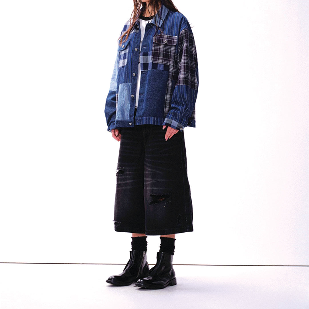 patchwork denim plaid overshirt