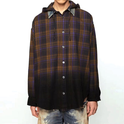 Gradient Plaid Hooded Overshirt