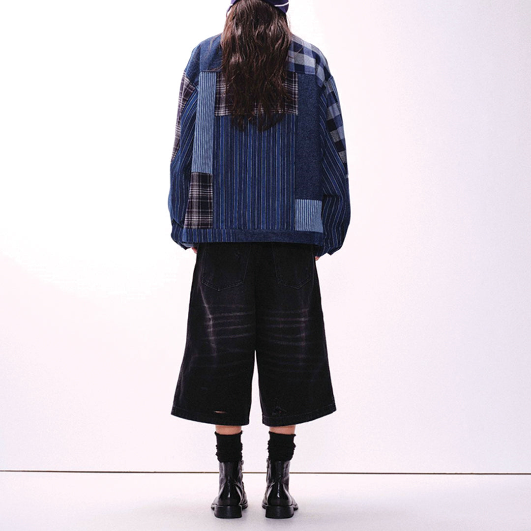patchwork denim plaid overshirt