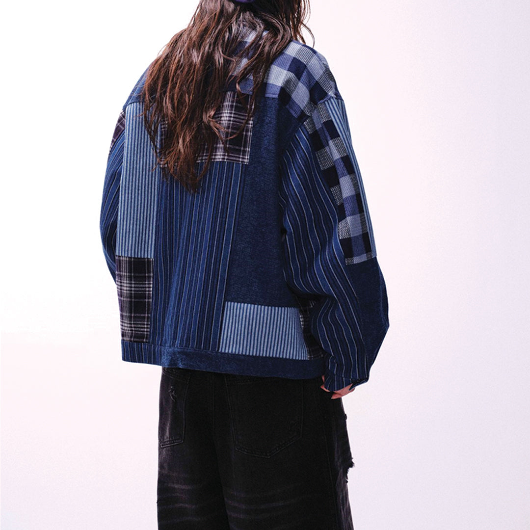 patchwork denim plaid overshirt
