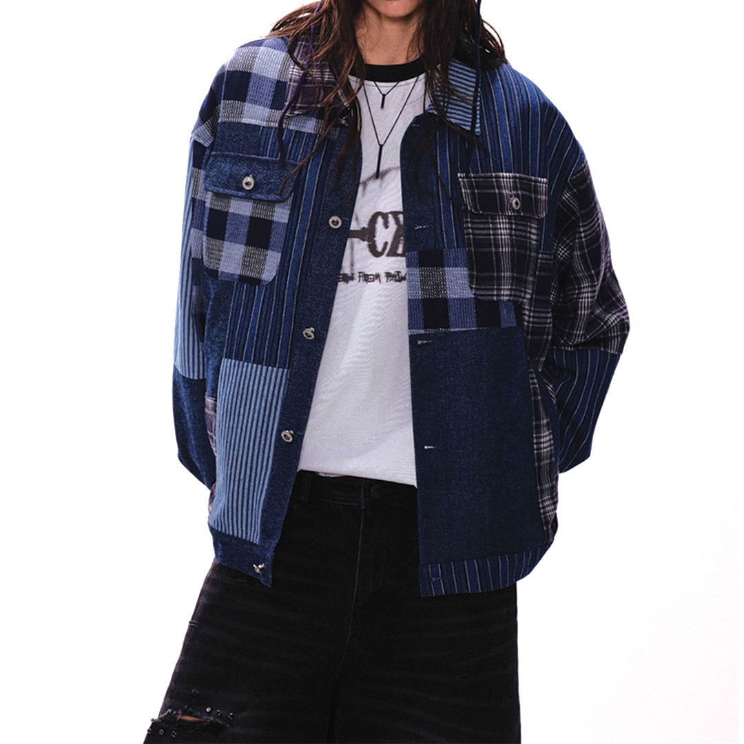 patchwork denim plaid overshirt