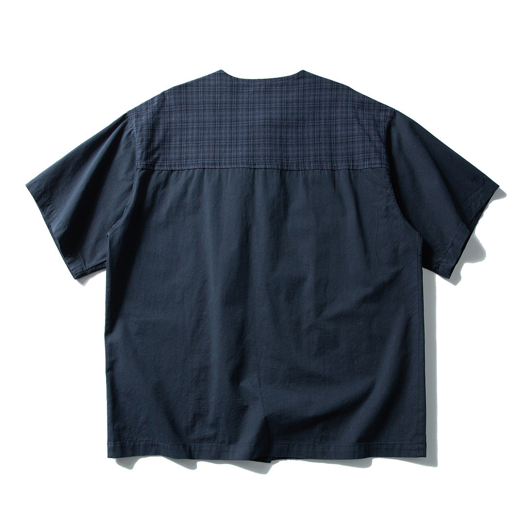 crew plaid collarless shirt