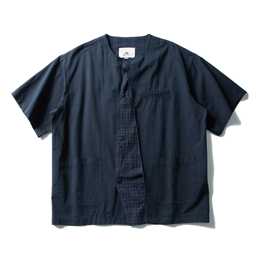 crew plaid collarless shirt