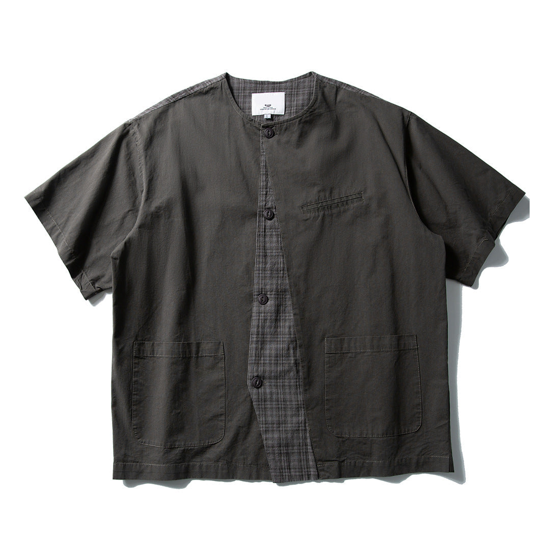 crew plaid collarless shirt