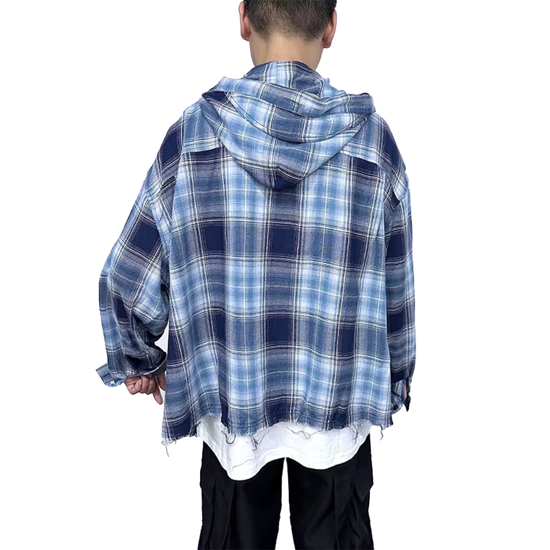 frayed plaid hooded shirt