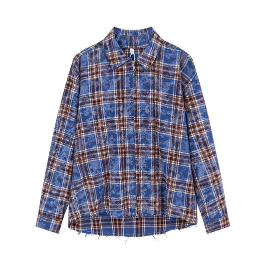 Bleached Plaid Zipper Shirt