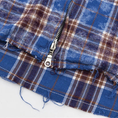 Bleached Plaid Zipper Shirt