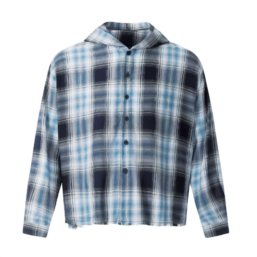 frayed plaid hooded shirt