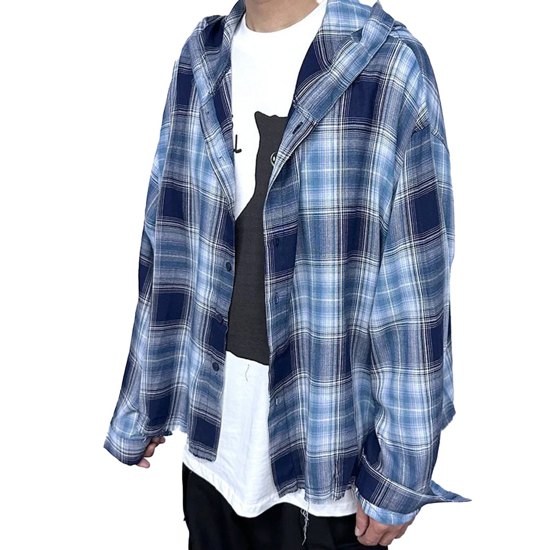 frayed plaid hooded shirt
